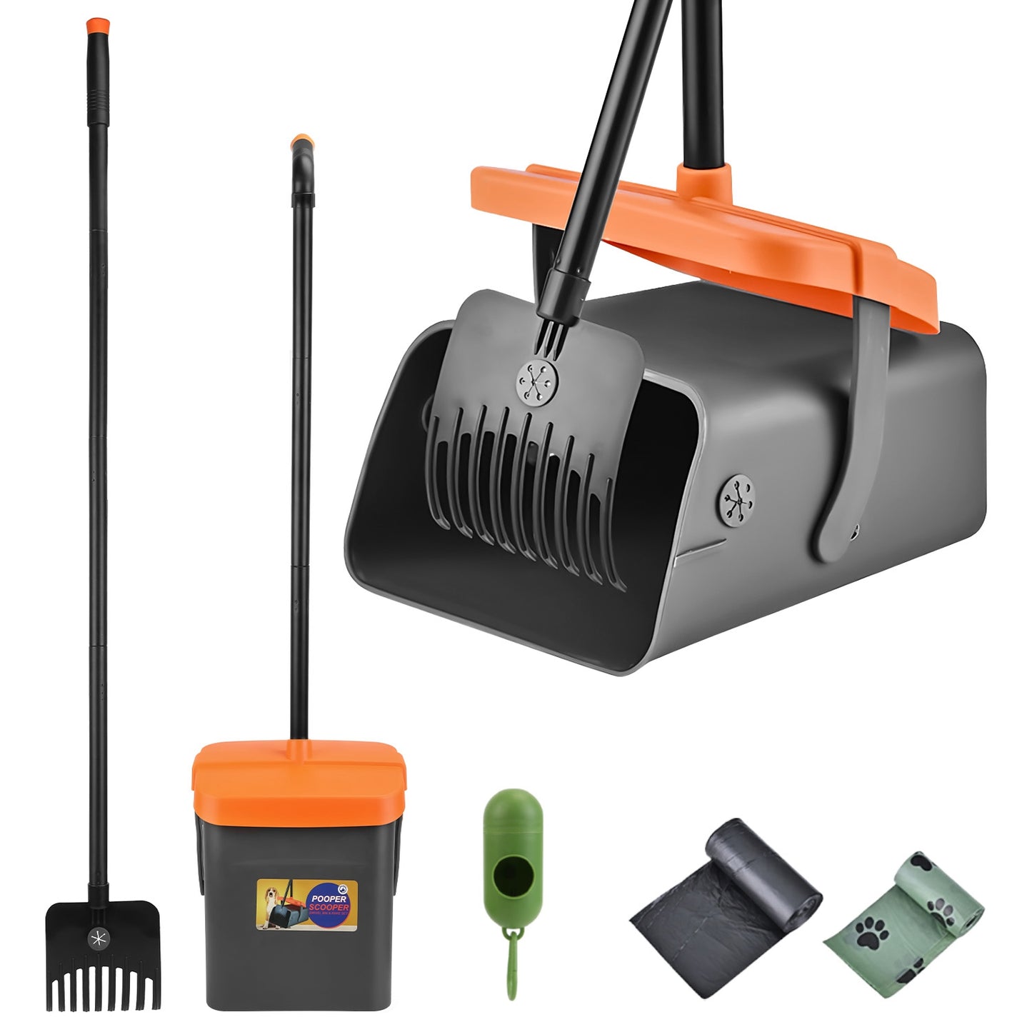 Dog Pooper Scooper Set with Rake & Bag Dispenser