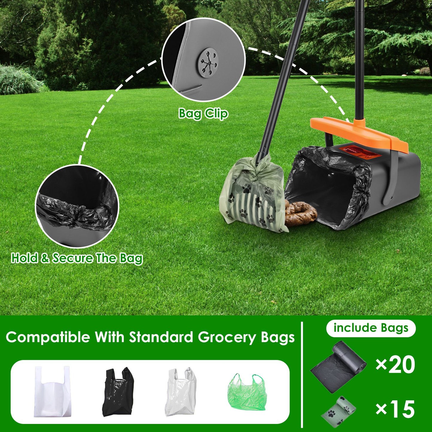Dog Pooper Scooper Set with Rake & Bag Dispenser